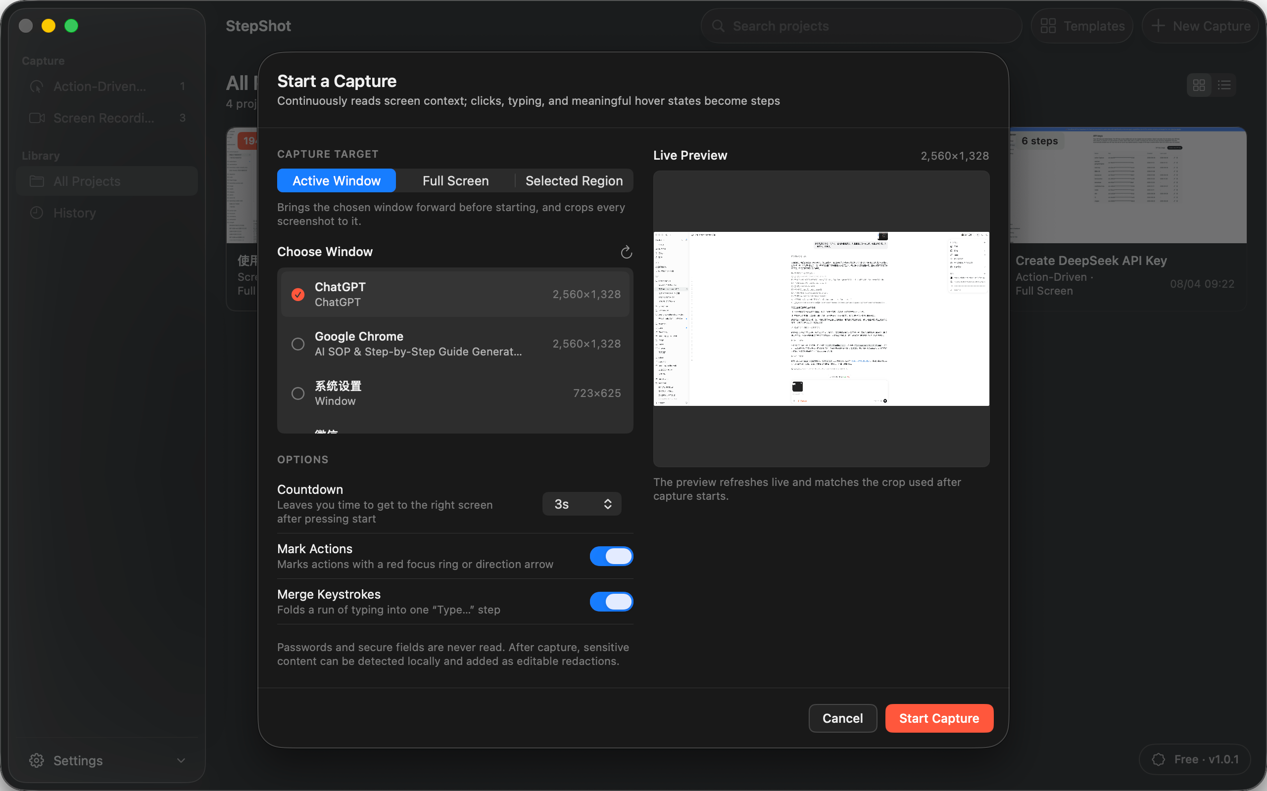 StepShot capture setup with active window selection and live preview