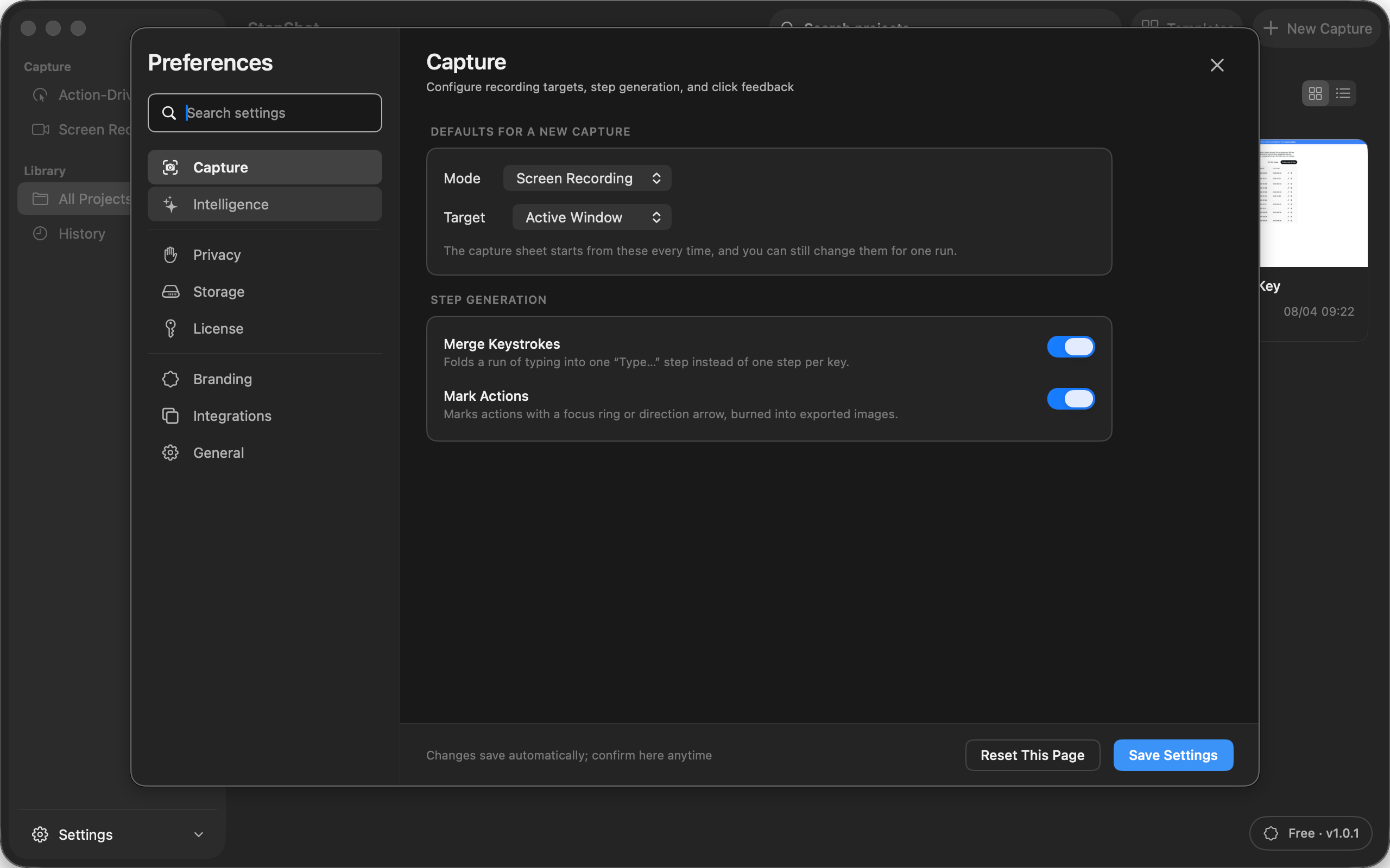 StepShot capture preferences